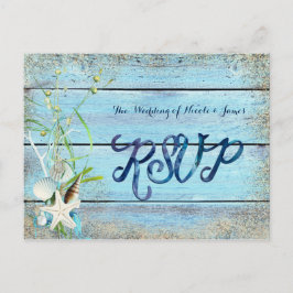 Cartão Postal De Convite Cartão de Resposta de Casamento Tropical Blue Wood