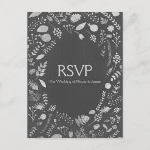 Cartão Postal De Convite Cartão de RSVP de casamento floral cinza carvão e