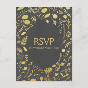 Cartão Postal De Convite Cartão de RSVP de casamento floral dourado e cinza