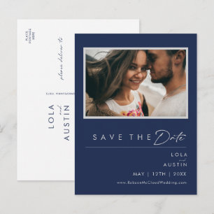 Cartão Postal De Convite Cartão de Save The Date de Foto Prata Azul Marinho