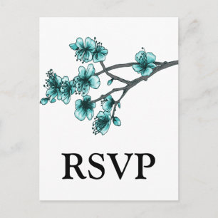 Cartão Postal De Convite Cartão-postal Aqua Simple Cherry Blossoms RSVP