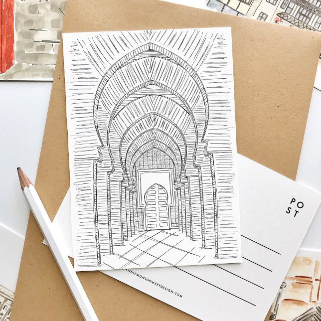 Cartão Postal De Convite Cartão-postal de Marrocos preto e branco (Black and white sketch Morocco travel postcard.)