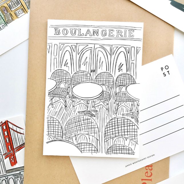 Cartão Postal De Convite Cartão-postal do Café Boulangerie, Black and White (Black and white sketch Paris Boulangerie travel postcard.)