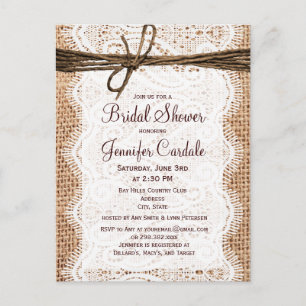 Cartão Postal De Convite Cartão-postal do Chá de panela Burlap Rustic