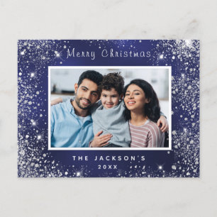 Cartão Postal De Convite Cartão-postal prateado com foto de Natal azul-bri
