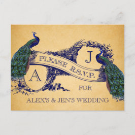 Cartão Postal De Convite Cartão-postal RSVP de Casamento vintage de Peacock