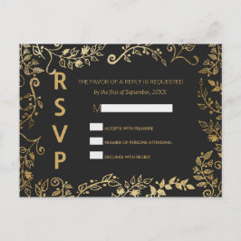 Cartão Postal De Convite Cartão-postal RSVP Floral Dourado Elegante Preto e