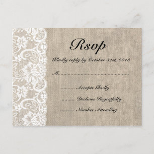 Cartão Postal De Convite Cartão-postal RSVP Rustic Burlap e Lace