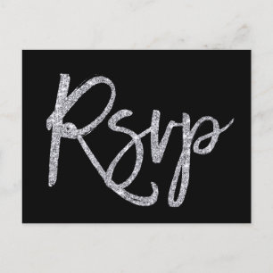Cartão Postal De Convite Cartões-postais RSVP de Casamento Preto e Prateado