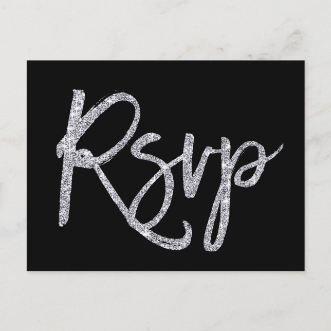 Cartão Postal De Convite Cartões-postais RSVP de Casamento Preto e Prateado (Frente)