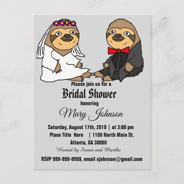 Cartão Postal De Convite Cartoon Engraçado Sloth Weding (Frente)