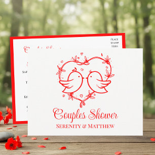Cartão Postal De Convite Casais Caprichosos de Pombinhos Boho Coração Verme