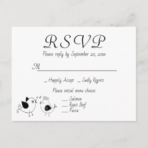 Cartão Postal De Convite Casais de Pássaros de Amor RSVP Preto Branco Casam
