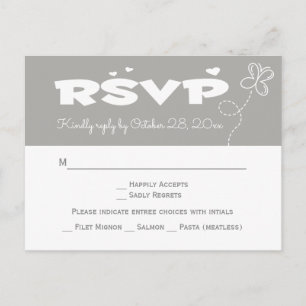 Cartão Postal De Convite Casamento Borboleta & Corações RSVP Cinza & Branco