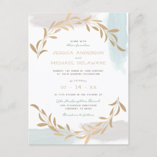 Cartão Postal De Convite Casamento Botânico de Azul e Beige