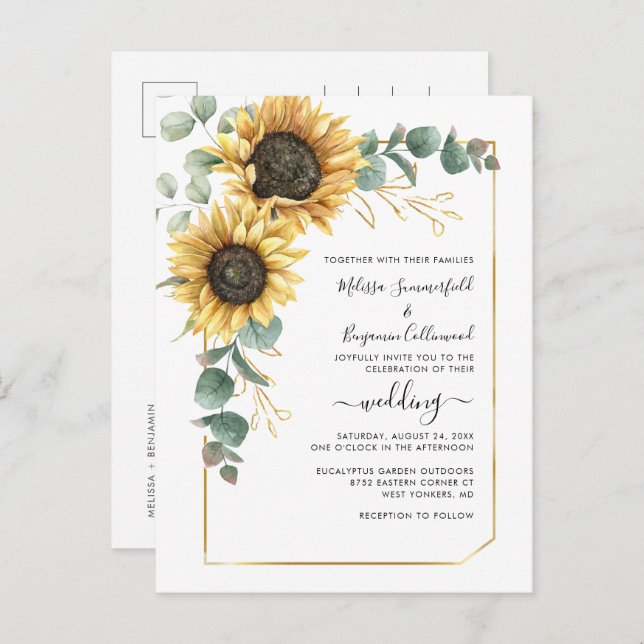 Cartão Postal De Convite Casamento Botânico de Script Floral de Girassol (Frente/Verso)