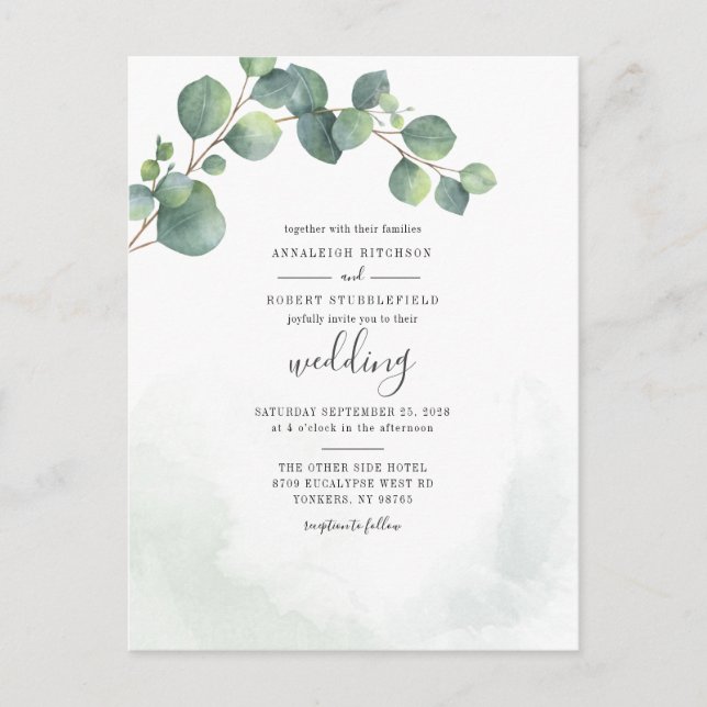 Cartão Postal De Convite Casamento Botânico Eucalyptus Greenery Script (Frente)