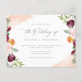 Cartão Postal De Convite Casamento Botânico Floral de Blush Burgundy Elegan