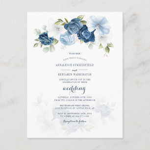 Cartão Postal De Convite Casamento Botânico Floral Moderno em Azul Empoeira