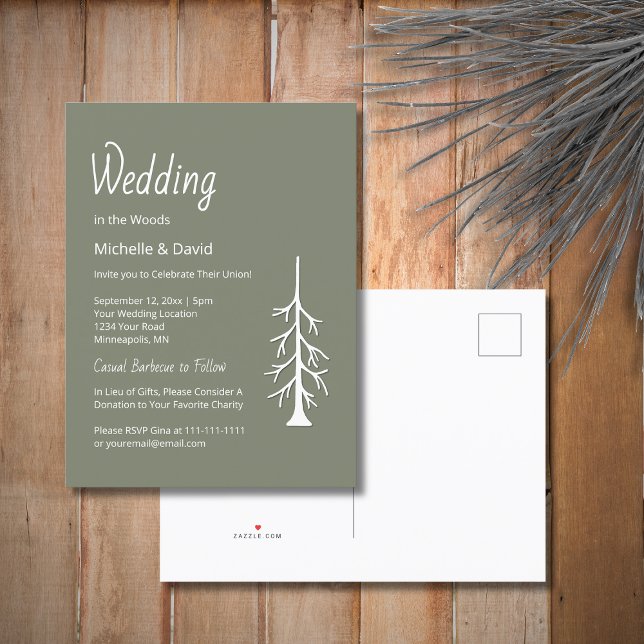 Cartão Postal De Convite Casamento Casual Rustic Pine Tree Sage Green (Criador carregado)