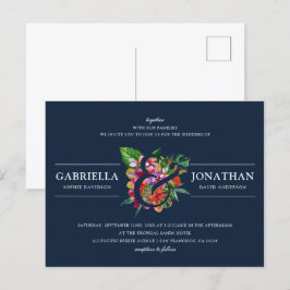 Cartão Postal De Convite Casamento com Buquê Tropical Moderno Marinho
