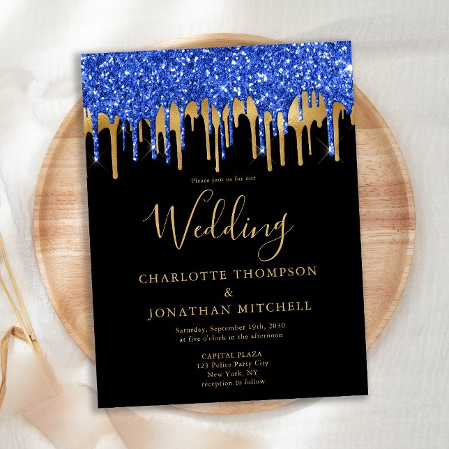 Cartão Postal De Convite Casamento com Glitter Dourado Azul Elegante Azul (Criador carregado)