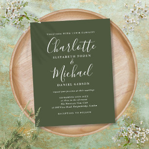 Cartão Postal De Convite Casamento com Letra de Assinatura em Verde Oliva