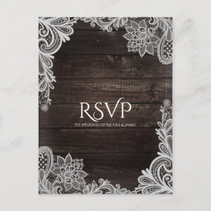 Cartão Postal De Convite Casamento com Madeira Rústica Escura e Renda Elega