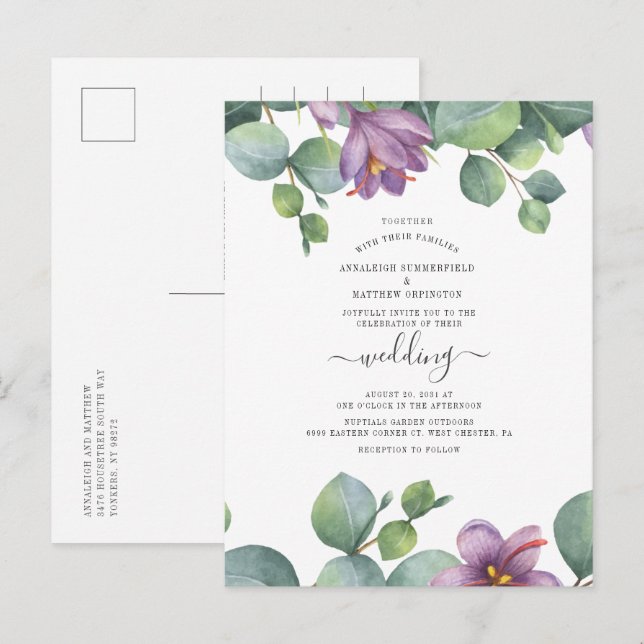 Cartão Postal De Convite Casamento com Suculência de Aquarela Eucalyptus Gr (Frente/Verso)