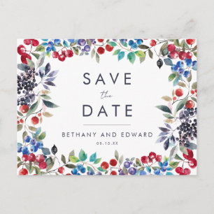 Cartão Postal De Convite Casamento com Watercolor Berry Summer Salva a Data