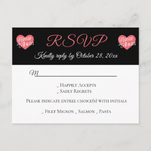 Cartão Postal De Convite Casamento de Amor Coração Rosa RSVP Preto Festa