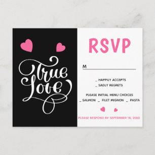 Cartão Postal De Convite Casamento de Amor Coração Rosa RSVP Preto Festa