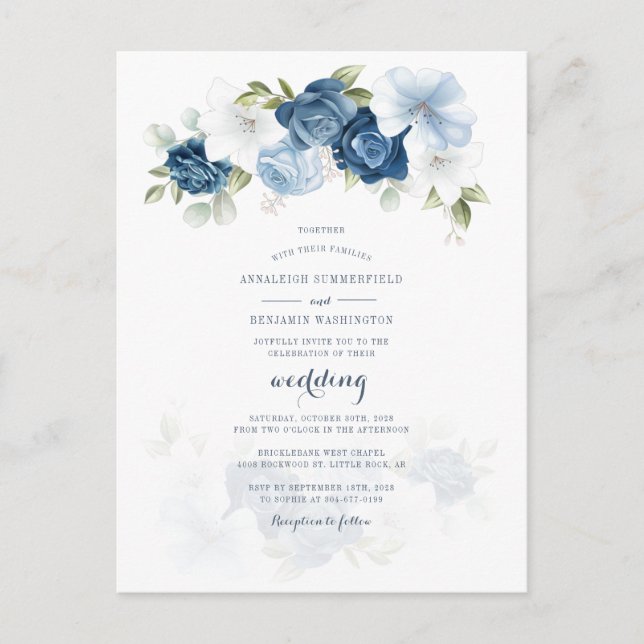 Cartão Postal De Convite Casamento de Azul com Derrame Botânico Floral Mode (Frente)