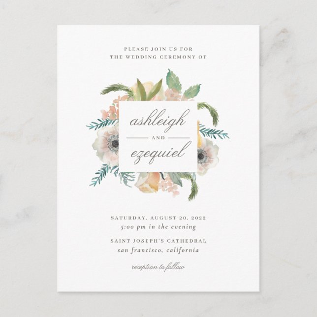 Cartão Postal De Convite Casamento de Buquê Floral Chic Modern Watercolor (Frente)