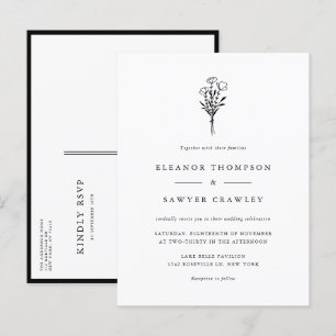 Cartão Postal De Convite Casamento de Buquê Floral Minimalista Negro