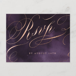 Cartão Postal De Convite Casamento de caligrafia rosa de ouro roxo e moody