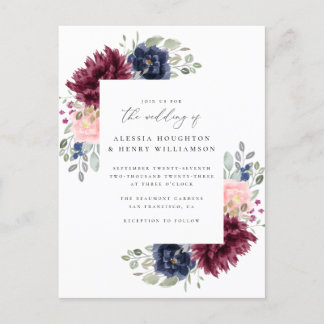 Cartão Postal De Convite Casamento de Cantos Florais de Borgonha e Marinho