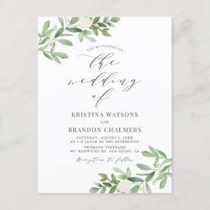 Cartão Postal De Convite Casamento de Cinzas de Watercolor Greenery e Flore