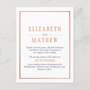 Cartão Postal De Convite Casamento de Cobre Branco Minimalista Elegante
