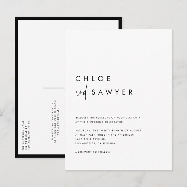 Cartão Postal De Convite Casamento de Código QR de Script Manuscrito Preto  (Frente/Verso)