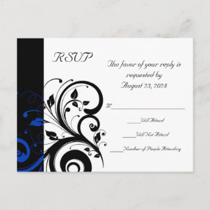 Cartão Postal De Convite Casamento de espiral azul preto/branco/cobalto