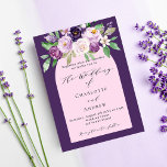 Cartão Postal De Convite Casamento de florais cor-de-rosa púrpura<br><div class="desc">Um fundo rosa e uma armação rosa,  decorada com flores roxas e rosa. Personalize e seus nomes e detalhes. Fundo: fundo rosa.</div>