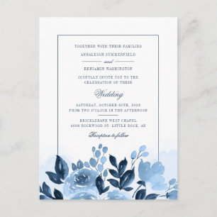 Cartão Postal De Convite Casamento de Flores de Aquarela Azul Floral Modern