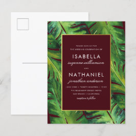 Cartão Postal De Convite Casamento de Folgas Tropicais Modernas e Borgonhas