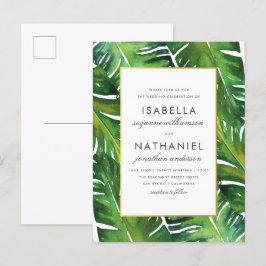 Cartão Postal De Convite Casamento de Folhas Tropicais Verdes Modernas