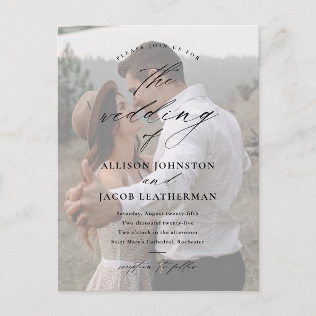 Cartão Postal De Convite Casamento de Foto com Letra Elegante (Frente)