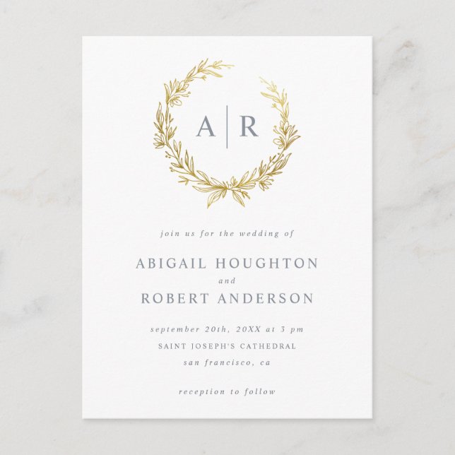 Cartão Postal De Convite Casamento de Iniciais Dourados de Fuso Horário Ele (Frente)