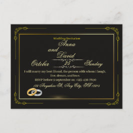 Cartão Postal De Convite Casamento de Luxo Preto e Dourado Ornamentado Eleg