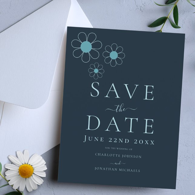 Cartão Postal De Convite Casamento de Margarida Azul Simples Moderno (Minimalist daisy stylish navy blue wedding save the date invitation )