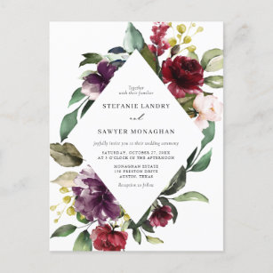 Cartão Postal De Convite Casamento de Moldura Floral de Cor Vermelha e Púrp